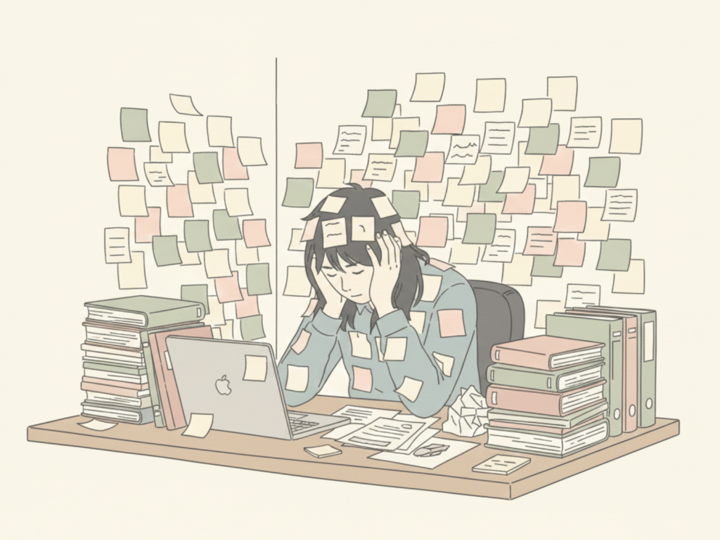 悩む　情報過多　付箋　頭がいっぱい　悩む